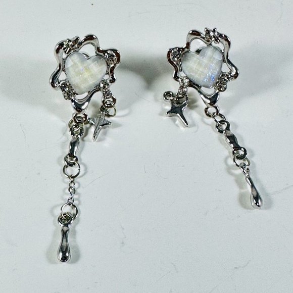 Dripping Goth Glam Silver-tone pierced earrings with opal style hearts NEW - Picture 3 of 5